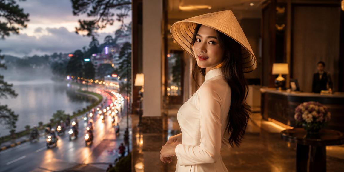 Người phụ nữ đội nón lá tại Đà Lạt đang xem thông tin bonus nạp tiền trên điện thoại